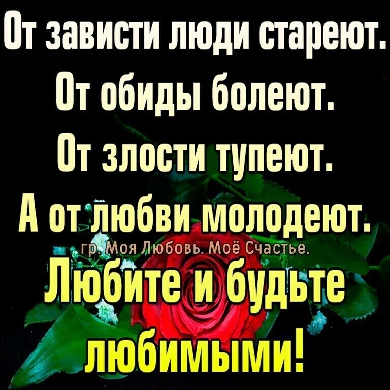 Пт зависти люди стареют Пт обиды болеют Пт злости типеют А от Любви молодеют пгдМоя Любовь Моё Счастье Любите бидГьте любиииЫМи