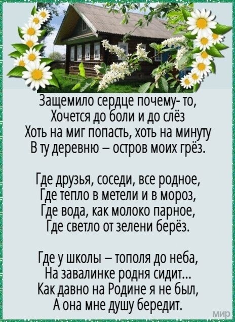 Защемило сердце почему то Хочется до боли и до слёз Хоть на миг попасть хоть на минуту Втудеревню остров моих грёз Где друзья соседи все родное Где тепло в метели и в мороз Где вода как молоко парное Где светло от зелени берёз Где у школы тополя до неба На завалинке родня сидит Какдавно на Родине я не бьш А она мне душу бередит