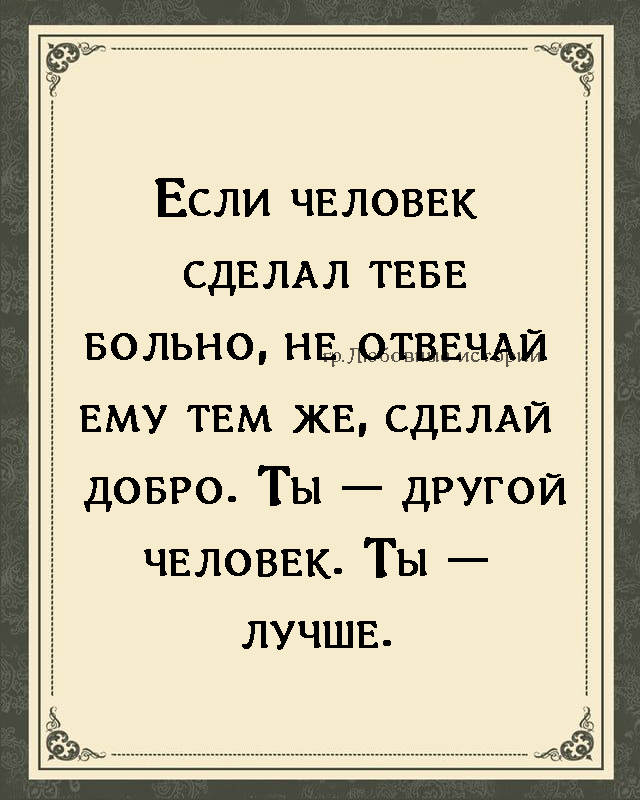 Если человек сделал тебе больно, не отвечай ему тем же, делай добро. Ты — другой человек. Ты — лучше.