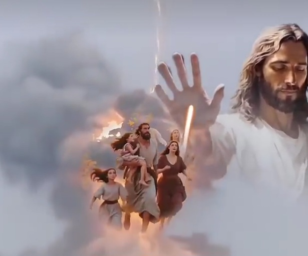Религиозный коллаж: изображение Иисуса Христа на фоне дымки/облаков и движущихся людей, создающих драматический эффект.