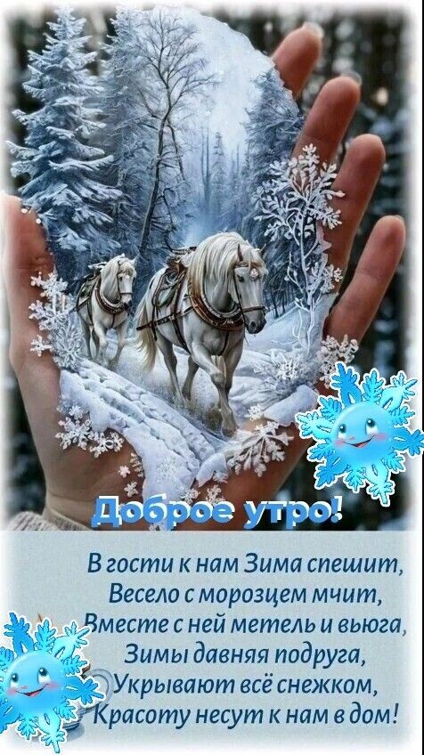 Доброе утро!
В гости к нам Зима спешит,
Весело с морозцем мчит,
Вместе с ней метель и вьюга,
Зимы давняя подруга,
Укрывают всё снегом,
Красоту несут к нам в дом!