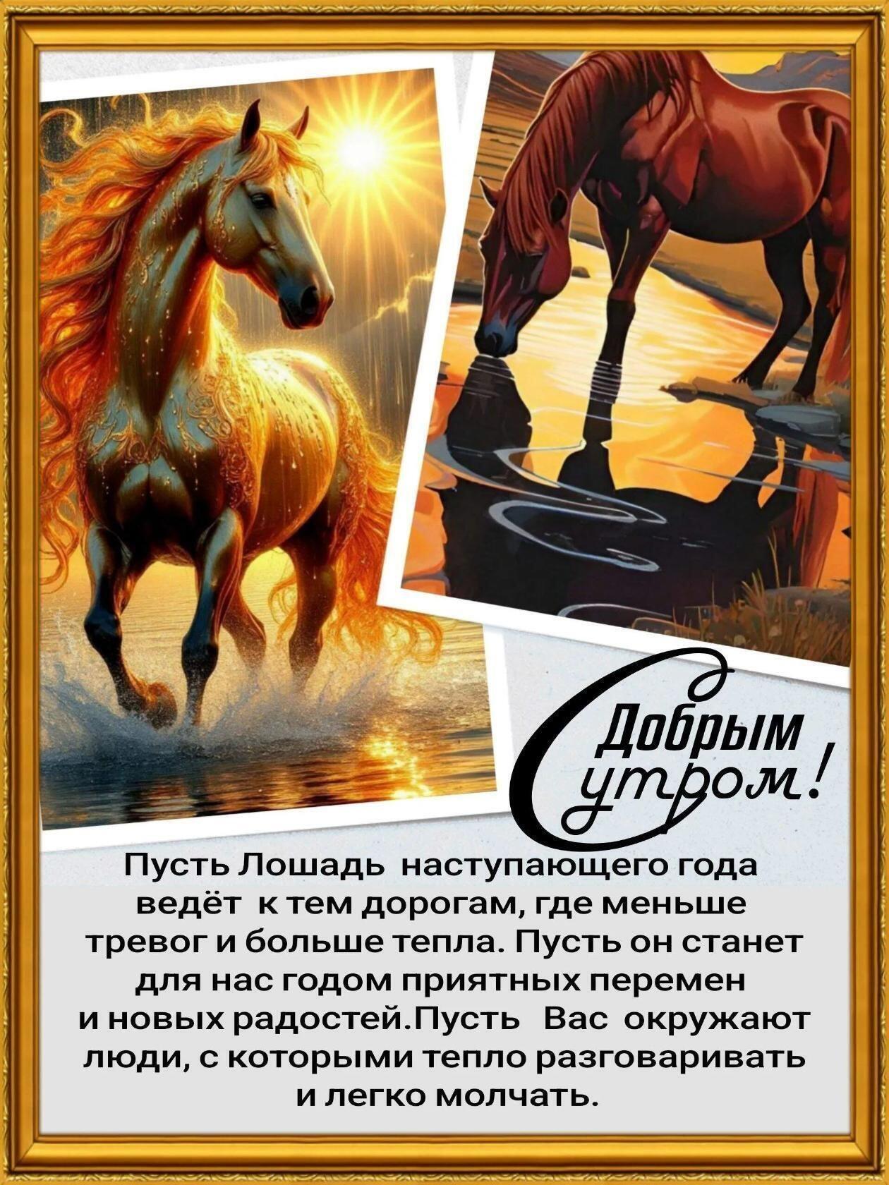 Добрым утром! Пусть Лошадь наступающего года ведёт к тем дорогам, где меньше тревог и больше тепла. Пусть он станет для нас годом приятных перемен и новых радостей. Пусть Вас окружают люди, с которыми тепло разговаривать и легко молчать.