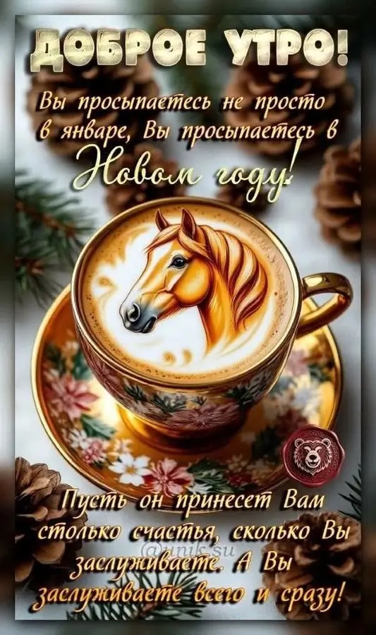 ДОБРОЕ УТРО! Вы просыпаетесь не просто в январе, Вы просыпаетесь в Новом году! Пусть он принесёт Вам столько счастья, сколько Вы заслуживаете. А Вы заслуживаете всего и сразу!