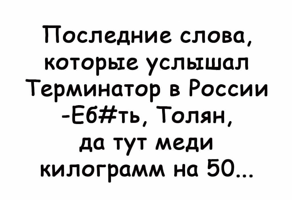 Последние слова которые услышал Терминатор в России Ебть Толян да тут меди килограмм на 50