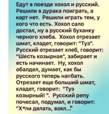 Едут поит комп и русский Рошили н дурака поиграть а парт ист Решили играть тем у кого что ость Хохол сало достал ну в русский буханку черного хлеба Хохол отрезает шмат кладет говорит Туз Русский отрезает хлеб говорит Шесть козырняя забирает и есть начинает ну хохол обалдел думает как бы русского теперь наебать Отрезает еще болший шмот кладет говорит Туз козыриый Русский репу почесал подумал и гово