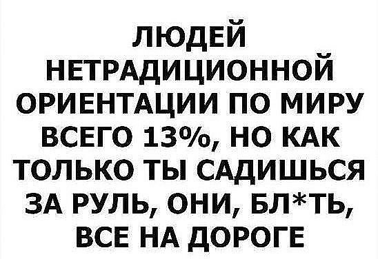 ЛЮДЕЙ НЕТРАдИЦИОННОЙ ОРИЕНТАЦИИ по миру всвго 13 но КАК только ты САДИШЬСЯ ЗА руль они БЛТЬ все НА дОРОГЕ