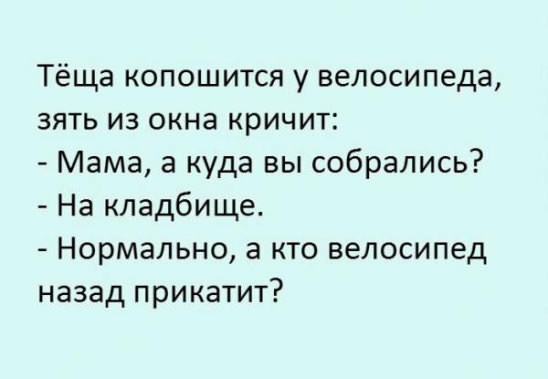 Тёща копошится у велосипеда зять из окна кричит Мама а куда вы собрались На кладбище Нормально а кто велосипед назад прикатит