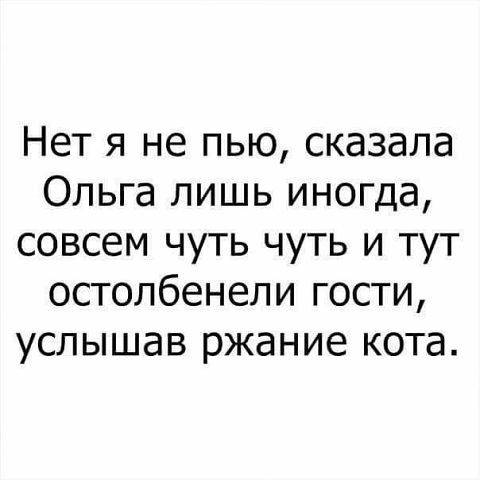 Нет я не пью сказала Ольга лишь иногда совсем чуть чуть и тут остолбенели гости услышав ржание кота