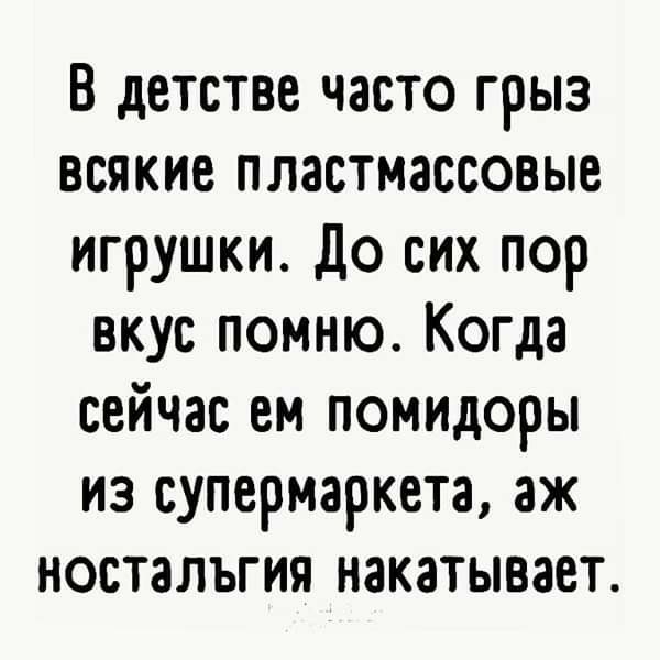 В детстве часто грыз всякие пластмассовые игрушки до сих пор вкус помню Когда сейчас ем помидоры из супермаркета аж ностальгия накатывает