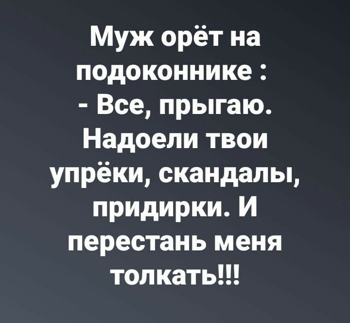 Муж орёт на подоконнике Все прыгаю Надоели твои упрёки скандалы придирки И перестань меня толкать