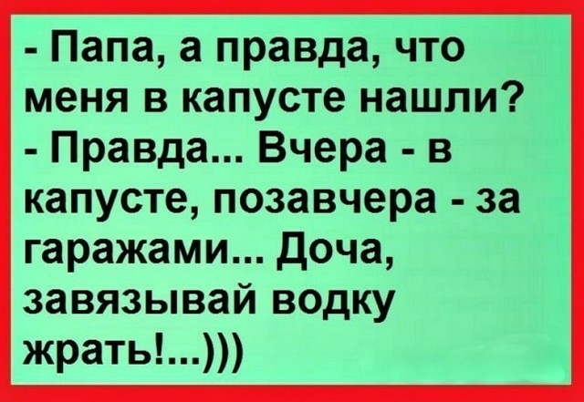 Папа а правда что меня в капусте нашли Правда Вчера в капусте позавчера за гаражами доча завязывай водку жрать