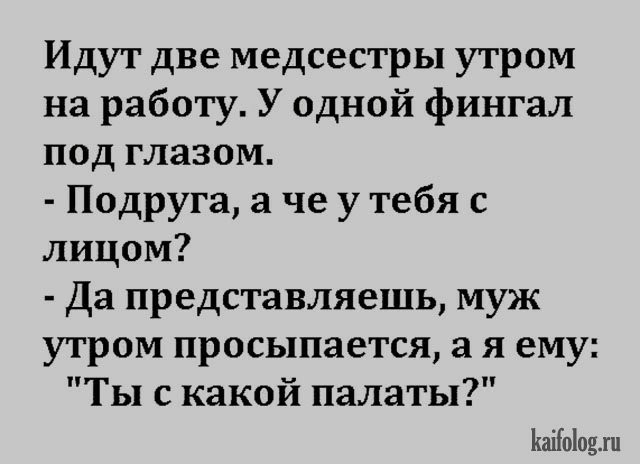 Идут две медсестры утром на работу У одной фингал под глазом Подруга че у тебя с лицом Да представляешь муж утром просыпается а я ему Ты с какой палаты Ёаііоіоип