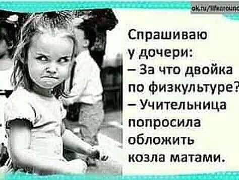 Спрашиваю _ у дочери За что двойка по физкультуре Учительница попросила обложить козла матами