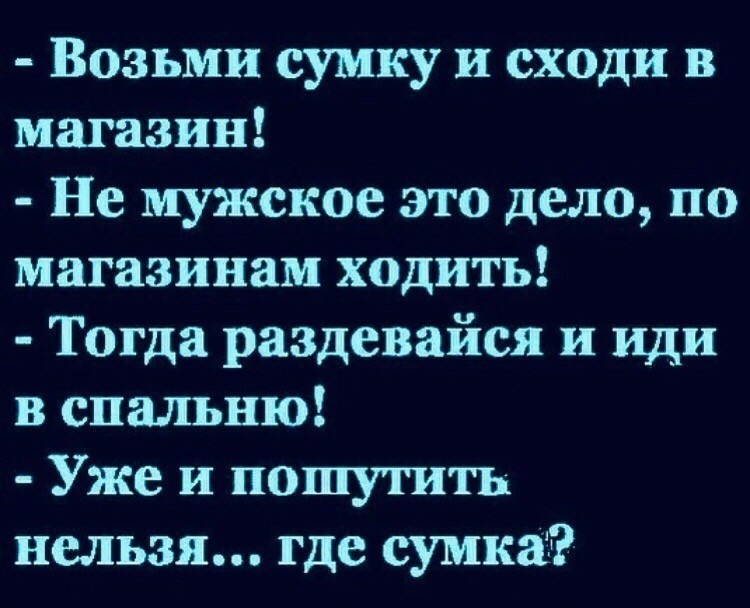 Возьми сумку и сходи в магазин Не мужское это дело по магазинам ходить Тогда раздевайся и иди в спальню Уже и пошутить нельзя где сумка