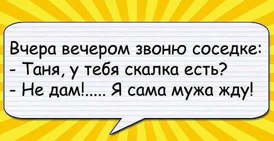Вчера вечером звоню соседке Таня у тебя скалка есть Не дом Я сама мужа жду