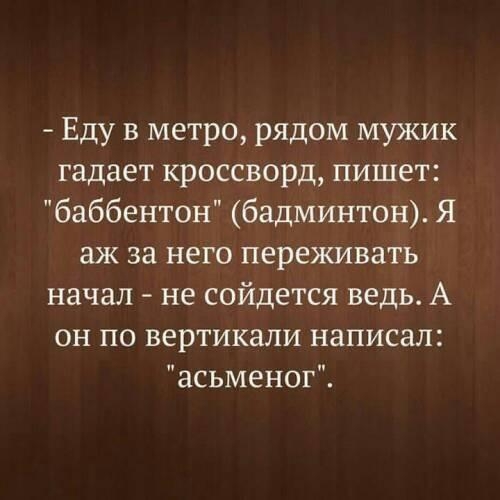 Еду в метро рядом мужик гадает кроссворд пишет баббентон бадминтон Я аж за него переживать начал не сойдется ведь А он по вертикали написал асьменог