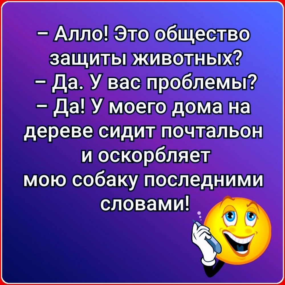 Алло Это общество защиты животных Да У вас проблемы Да У моего дома на дереве сидит почтальон и оскорбляет мою собаку последними словами _