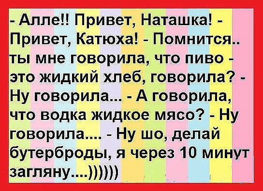 Алпе Привет Наташка Привет Катюха Помнится ты мне говорила что пиво это жидкий хлеб говорила Ну говорила А говорила ічто водка жидкое мясо Ну говорила Ну шо делай бутерброды я через 10 минут загпянуп