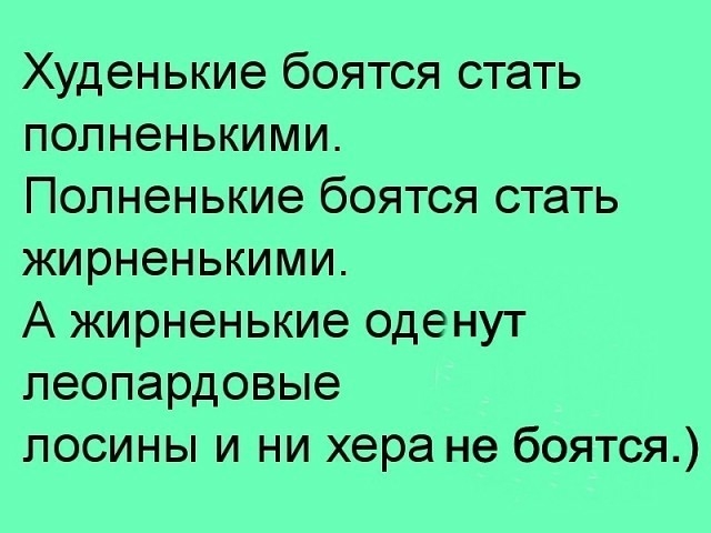 Худенькие боятся стать полненькими Попненькие боятся стать жирненькими А жирненькие оденут леопардовые лосины и ни хера не боятся