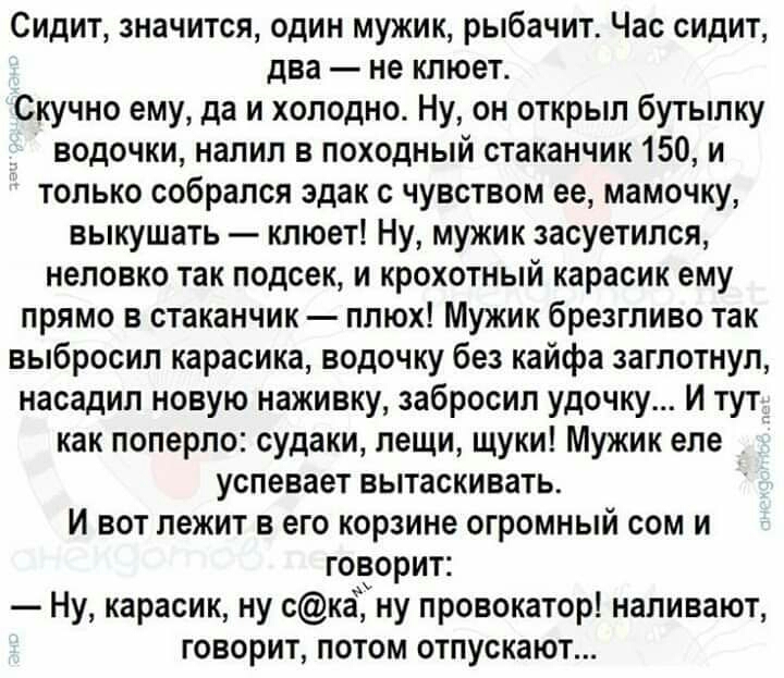 Сидит значится один мужик рыбачит Час сидит два не клюет Скучно ему да и холодно Ну он открыл бутылку водочки налил в походный стаканчик 150 и только собрался эдак с чувством ее мамочку выщшать клюет Ну мужик засуетипся неловко так подсек и крохотный карасик ему прямо в стаканчик плюх Мужик брезгливо так выбросил карасика водочку без кайфа заглотнул насадил новую наживку забросил удочку И тут как 