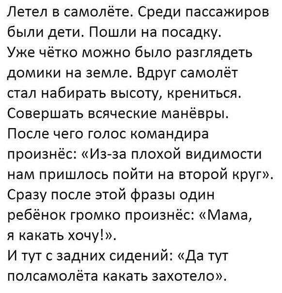Летел в самолёте Среди пассажиров были дети Пошли на посадку Уже чётко можно было разглядеть домики на земле Вдруг самолёт стал набирать высоту крениться Совершать всяческие манёвры После чего голос командира произнёс Из за плохой видимости нам пришлось пойти на второй круг Сразу после этой фразы один ребёнок громко произнёс Мама я какать хочу И тут с задних сидений Да тут полсамолёта какать захот
