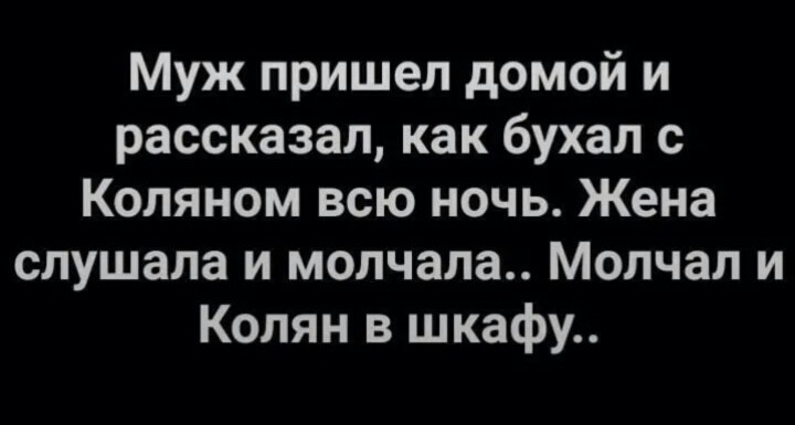 Муж пришел домой и рассказал как бухал с Коляном всю ночь Жена слушала и молчала Молчал и Колян в шкафу