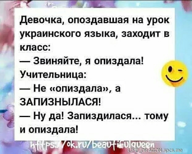 ЗТ ФШ девочка опоздавшая на урок украинского языка заходит в класс Звиняйте я опиздала Учительница г Не опиздапа а ЗАПИЗНЫЛАСЯ Ну да Запиздилася тому и опиздала