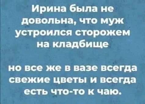 Ирина была не довольна что муж устроился стражем на кладбище 0 все же в вазе всегда свежие цветы И всегда ЕСТЬ ЧТО ТО к чаю