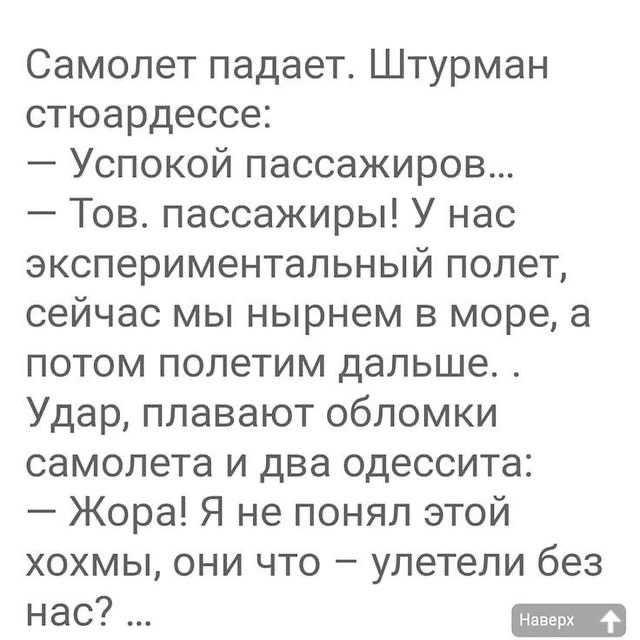 Самолет падает Штурман стюардессе Успокой пассажиров Тов пассажиры У нас экспериментальный полет сейчас мы нырнем в море а потом полетим дальше Удар плавают обломки самолета и два одессита Жора Я не понял этой хохмы они что улетели без нас