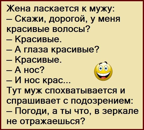 Жена ласкается к мужу Скажи дорогой у меня красивые волосы Красивые А глаза красивые Красивые А нос в И нос крас Тут муж спохватывается и спрашивает с подозрением Погоди а ты что в зеркале не отражаешься