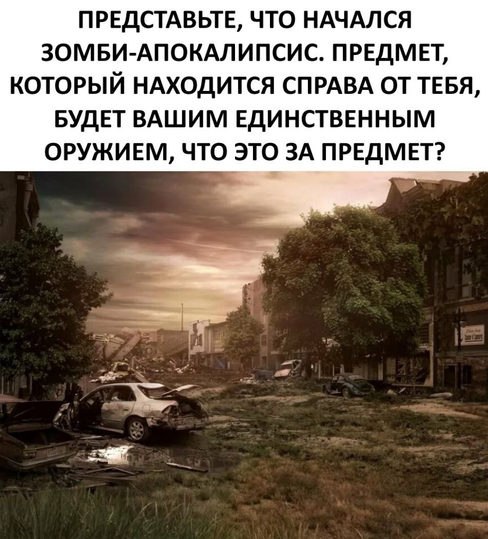 ПРЕДСТАВЬТЕ ЧТО НАЧАЛСЯ ЗОМБИ АПОКАЛИПСИС ПРЕДМЕТ КОТОРЫЙ НАХОДИТСЯ СПРАВА ОТ ТЕБЯ БУДЕТ ВАШИМ ЕДИНСТВЕННЫМ ОРУЖИЕМ ЧТО ЭТО ЗА ПРЕДМЕТ