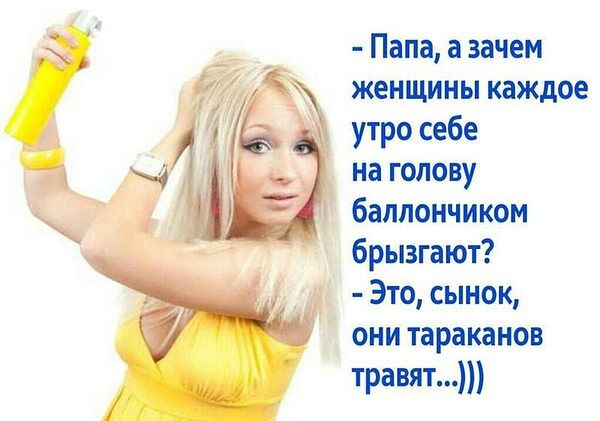 Папа а зачем женщины каждое утро себе на голову баллончиком брызгают Это сынок они тараканов травят