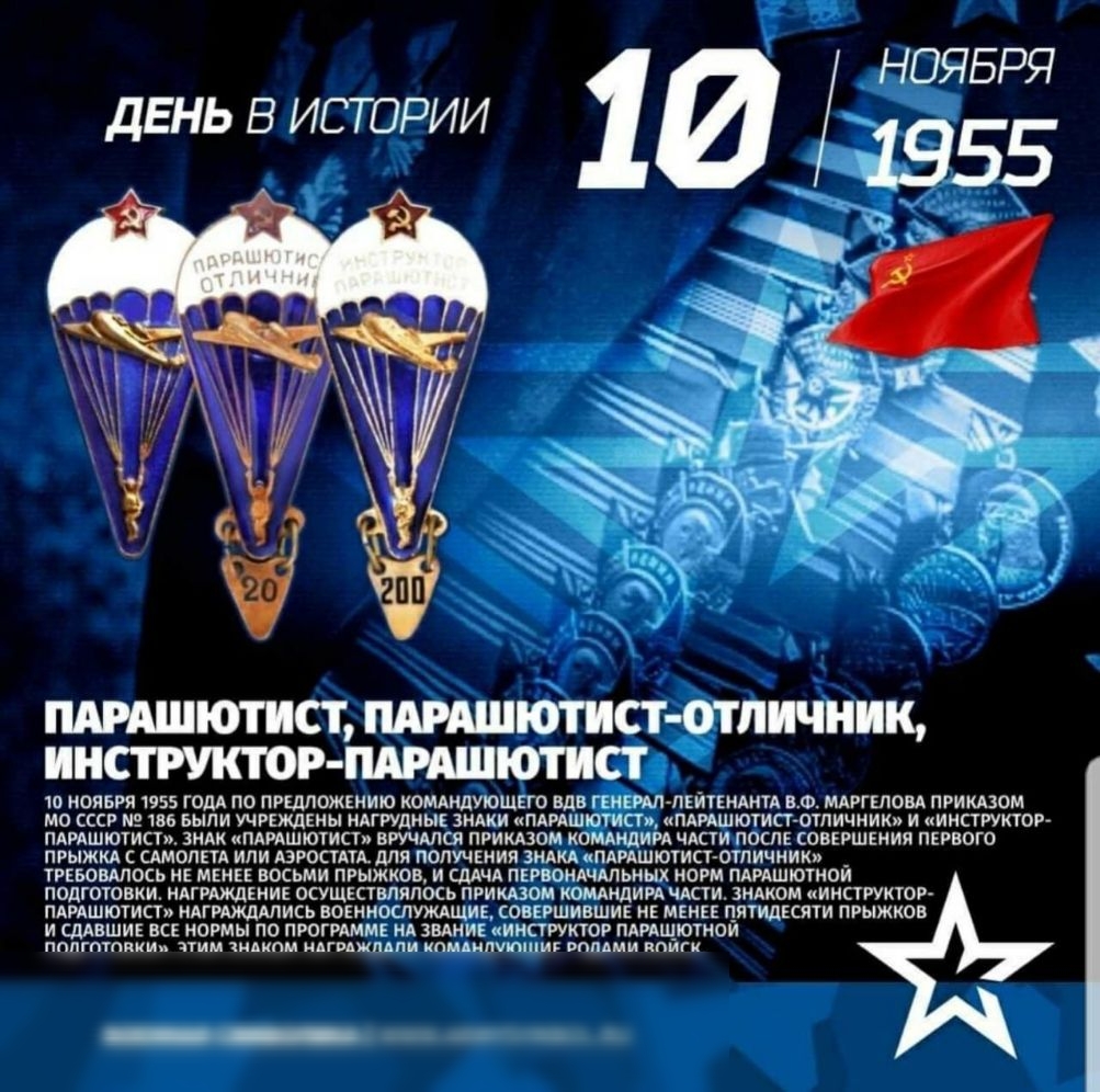 НОЯБРЯ ДЕНЬ В ИСТОРИИ _ 11955 ПАРАШЮТИСТ ПАРАШЮТИСТ ОТЛИЧНИК ИНСТРИПОР ПАРМПЮТИСТ 10 НОЯБРЯ 1955 ГОДА ПО ПРЕДЛОЖЕНИЮ КОМАРЩУЮЩЕГО ВДВ ГЕНЕРАЛ ПЕИТЕНАНТА ВФ МАРГЕЛОВА ПРИКАЗОМ МО СССР 2166 БЫЛИ УЧРЕЖДЕНЫ НАГРУДМЫ ЗНАКИ ПАРАШЮТИСТН ПАРАШЮТИСГ ОТПИЧНИК И ИНСТРУКТОР ПАРАШЮТИСТ ЗНАК пдишютист ВРУЧАЛСЛ ПРИКАЗОМ КОМАРЩИРА ЧАСТИ ПОСЛЕ СОВЕРШЕНИЯ ПЕРВОГО ПРЫЖКА САМОЛЕТА или АЭРОПАТА для ПОЛУЧЕНИЯ ЗНАКА ПАР