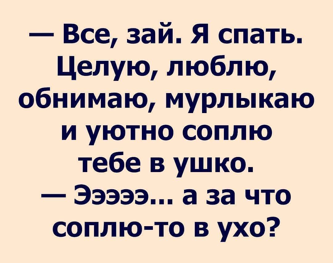 Все зай Я спать Целую люблю обнимаю мурлыкаю и уютно соплю тебе в ушко 33333 а за что соплю то в ухо