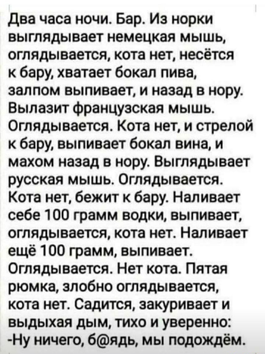 два часа ночи Бар Из норки выглядывает немецкая мышь оглядывается кота нет несётся к бару хватает бокал пива залпом выпивает и назад в нору Вылазит французская мышь Оглядывается Кота нет и стрелой к бару выпивает бокал вина и махом назад в нору Выглядывает русская мышь Оглядывается Кота нет бежит к бару Наливает себе 100 грамм водки выпивает оглядывается кота нет Наливает ещё 100 грамм выпивает Ог