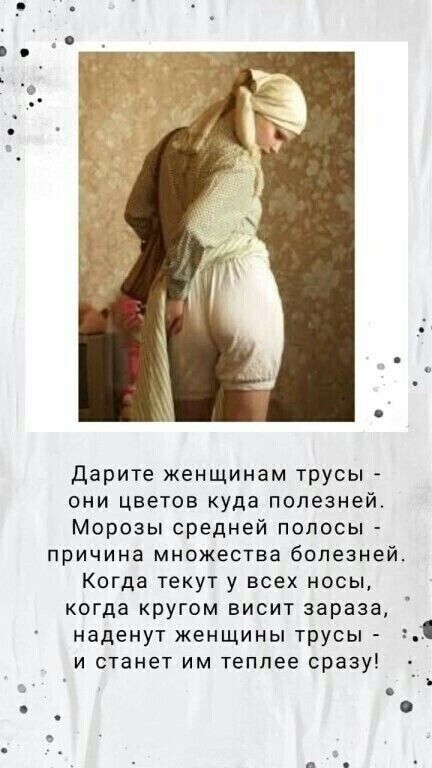Дарите женщинам трусы они цветов куда полезней Морозы средней полосы причина множества болезней Когда текут у всех носы когда кругом висит зараза наденут женщины трусы и станет им теплее сразу _