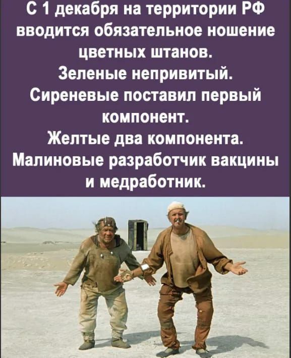 с 1 декабря на территории РФ вводится обязательное ношение цветных штанов Зеленые непривитый Сиреневые поставил первый компонент Желтые два компонента Малиновые разработчик вакцины и медработник
