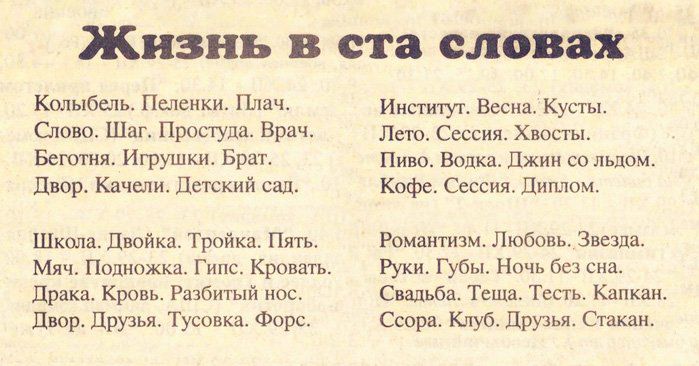 Жизнь в ста словах колыбель. Пеленки. Плач, слово. Шаг. Простуда. Врач. Беготня. Игрушки. Брат двор. Качели. Детский сад. Школа. Двойка. Тройка. Пять. Мяч. Подножка. Гипс. Кровать. Драка. Кровь. Разбитый нос: лвор. Друзья. Тусовка. Форс: институт. Весна. Кусты, лето. Сессия. Хвосты. Пиво. Волка. Джин со льдом. Кофе. Сессия. Диплом, романтизм. Любовь. Звезда. Руки. Губы. Ночь без сна. Свадьба. Теша. Тесть. Капкан. Ссора. Клуб. Друзья. Стакан.