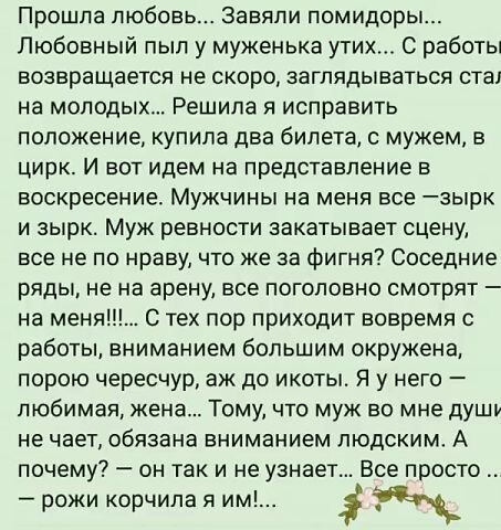 Прошла любовь Завяпи помидоры Любовный пыл у муженька утих С работы возвращается не скоро эагпядываться стал на молодых Решила я исправить положение купила два билета мужем в цирк И вот идем на представление в воскресение Мужчины на меня все зырк и зырк Муж ревности закатывает сцену все не по нраву что же за фигня Соседние ряды не на арену все поголовно смотрят на меня С тех пор приходит вовремя с