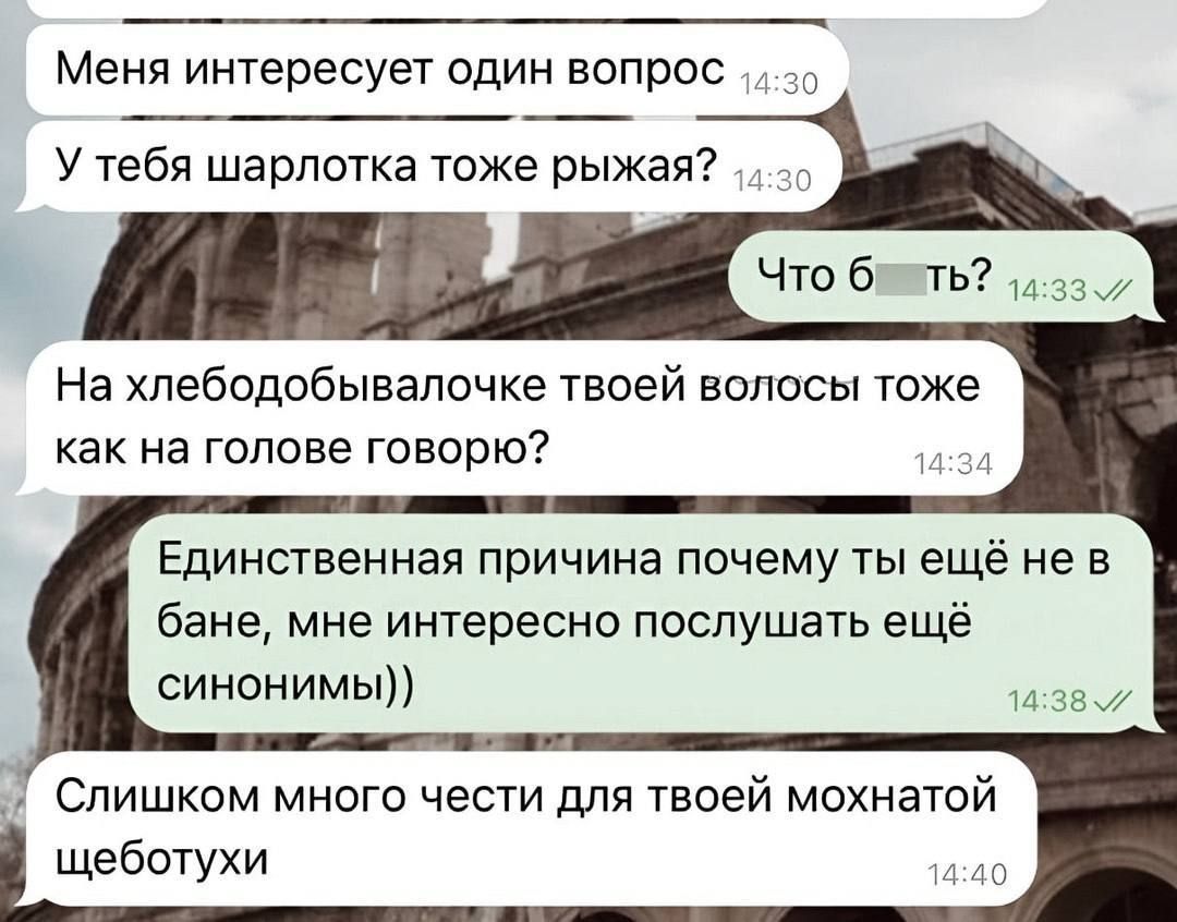 Меня интересует один вопрос
У тебя шарлотка тоже рыжая?
Что б ть?
На хлебодобывалочке твоей волосы тоже как на голове говорю?
Единственная причина почему ты ещё не в бане, мне интересно послушать ещё синонимы))
Слишком много чести для твоей мохнатой щебетухи