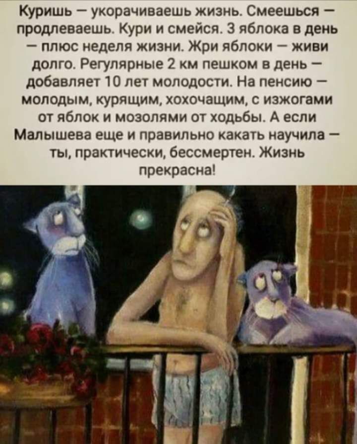Куришь укорачиваешь жизнь Смеешься продлеваешь Кури и смейся 3 яблока в день плюс неделя жизни Жри яблоки живи долго Регулярные 2 пешком в день добавляет 10 лет молодости На пенсию молодым курящим хохочащим с изжогами от яблок и мозопями от ходьбы А если Малышева еще и правильно какать научила ты практически бессмертен Жизнь прекрасна