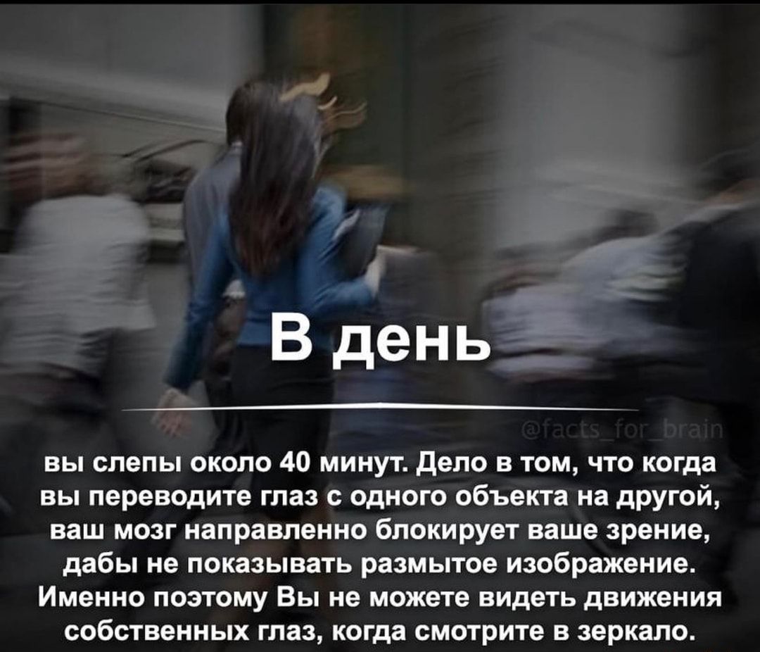 В день вы спепы около 40 минут Цена в том что когда вы переводите глаз с одного объекта на другой ваш мозг направленно Блокирует ваше зрение дабы не показывшь раамыюе изображение Имение поэтому Вы не можете видеть движения собственных таз когда смотрите в зеркало