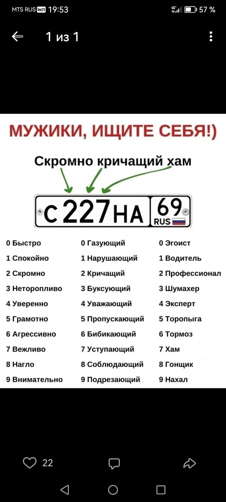 мтэ киш 1953 ЗЫ Ш 57 1и3 МУЖИКИ ИЩИТЕ СЕБЯ Скромно кричащий хам _Ё Быстро о Гааующип а Эгоист Спокпйно нарушающий 1 водитель 2 Сирпмнп 2 Кричащий 2 Профессиоиал з Нетпроппиво з Буисующий Шумахер Уверенно уважающий А Экслер 5 Грамота 5 пропускающий 5 Тпрвпыга в Агрессивно Бибикающий 5 Тормоз 7 Вежливо 7 Уступающий 7 Хм в наше в соблюдающий Гонщик 9 Внимательнп 9 Подрезающий 9 нахал 922 А