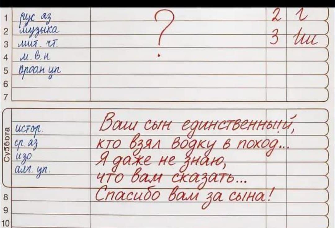 Ваш сын единственный, кто взял водку в поход.. Я даже не знаю, что вам сказать... Спасибо вам за сына!