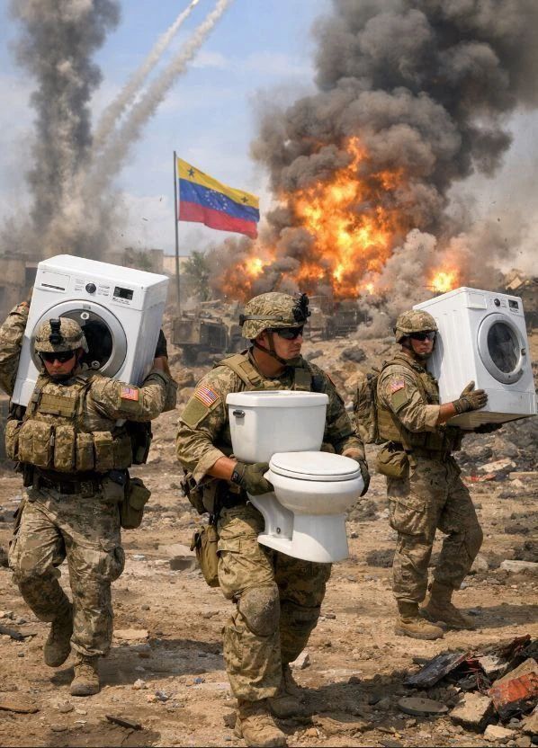 Кадр военной сцены: солдаты несут бытовую технику на фоне пожара и взрывов, флаг Венесуэлы.