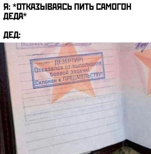 Я: *ОТКАЗЫВАЯСЬ ПИТЬ САМОГОН ДЕДА*
ДЕД:
ДЕЗЕРТИР! Отказался от выполнения боевой задачи! Склонен к ПРЕДАТЕЛЬСТВУ!