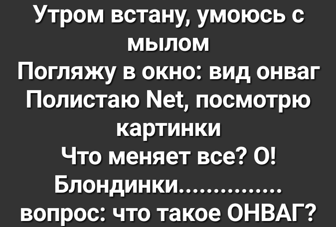 Утром встану умоюсь с мылом Погляжу в окно вид онваг Полистаю Мет посмотрю картинки Что меняет все О Блондинки вопрос что такое ОНВАГ