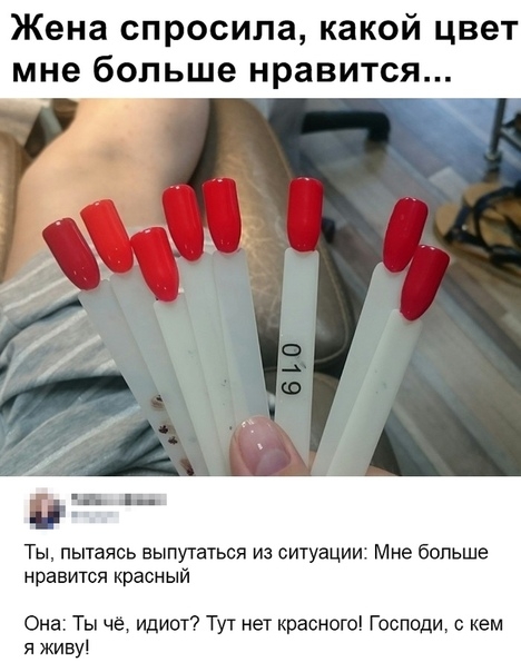 Жена спросила какой цвет мне больше нравится іі Ты пытаясь выпутаться из сигуации Мне больше нравится красный Она Ты че идиш Тут нет краснпгоі Господи кем я живу
