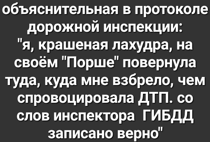 объяснительная в протоколе дорожной инспекции я крашеная лахудра на своём Порше повернула туда куда мне взбрело чем спровоцировала ДТП со слов инспектора ГИБДД записано верно