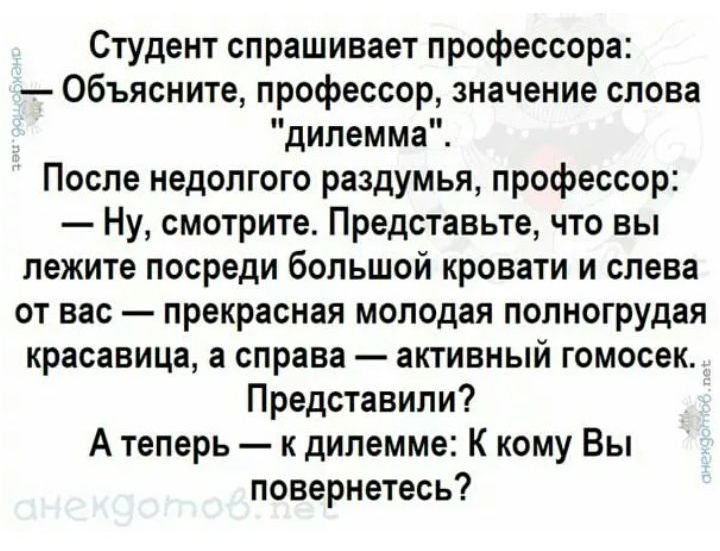 Студент спрашивает профессора Объясните профессор значение слова дилемма После недолгого раздумья профессор Ну смотрите Представьте что вы лежите посреди большой кровати и слева от вас прекрасная молодая полногрудая красавица а справа активный гомосек Представили А теперь к дилемме К кому Вы повернетесь